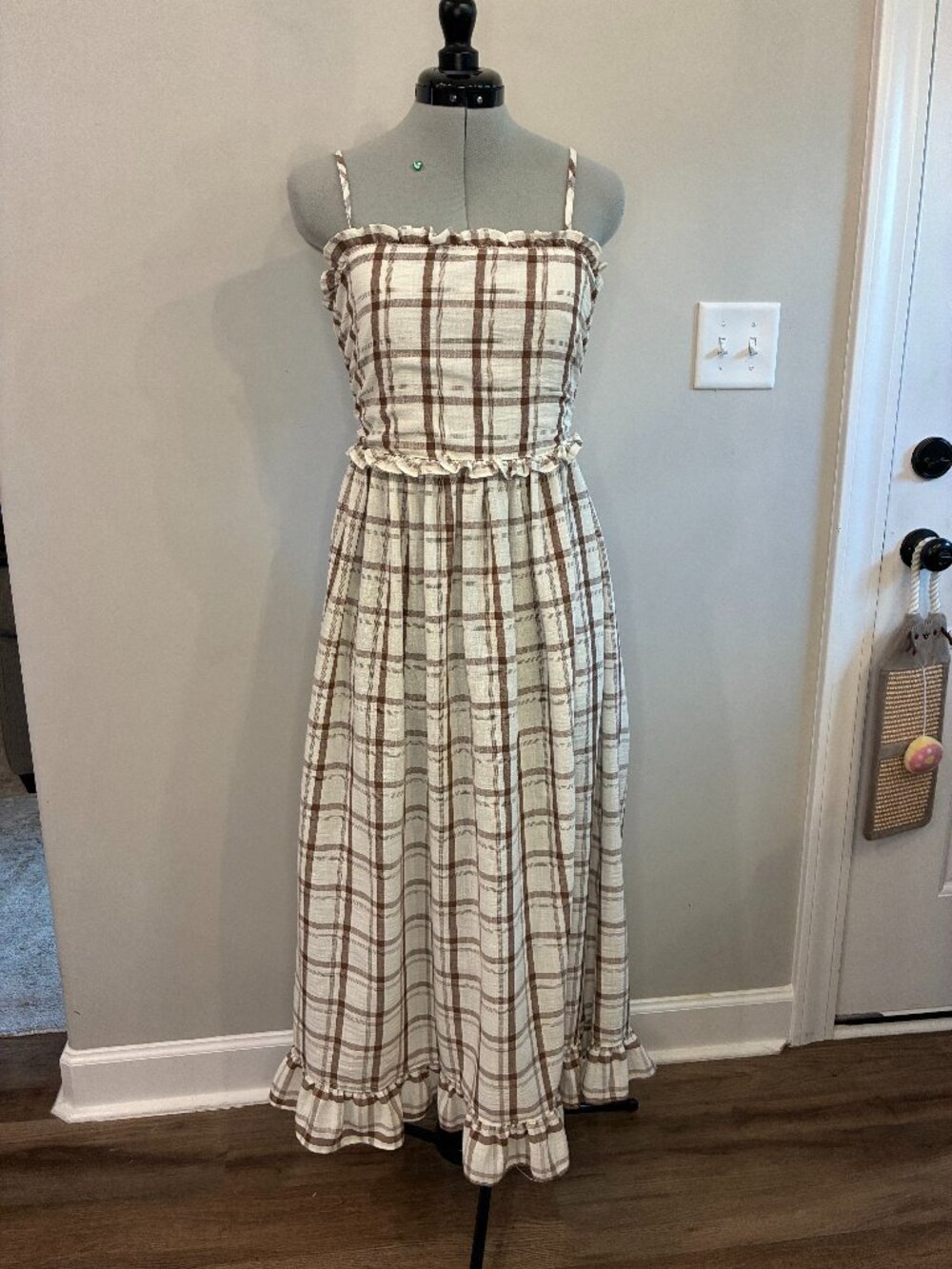 Max Studio Brown Cream Plaid Ruffle Maxi Dress Cottagecore 0346